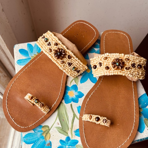 Women's Full Beaded Stretch Sandals Summer Beach Slip On Toe Ring Flat Shoes - Picture 3 of 7